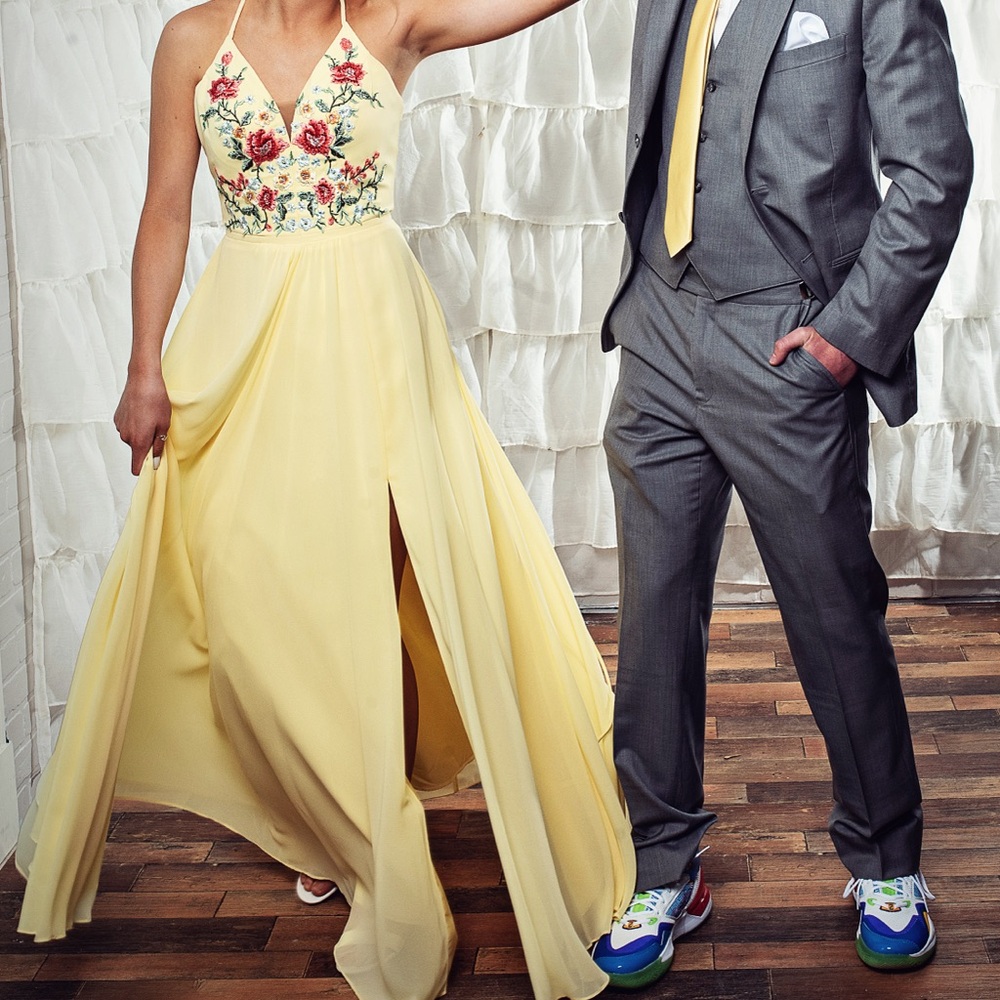 Faviana Yellow Floral Embroidered Prom Dress